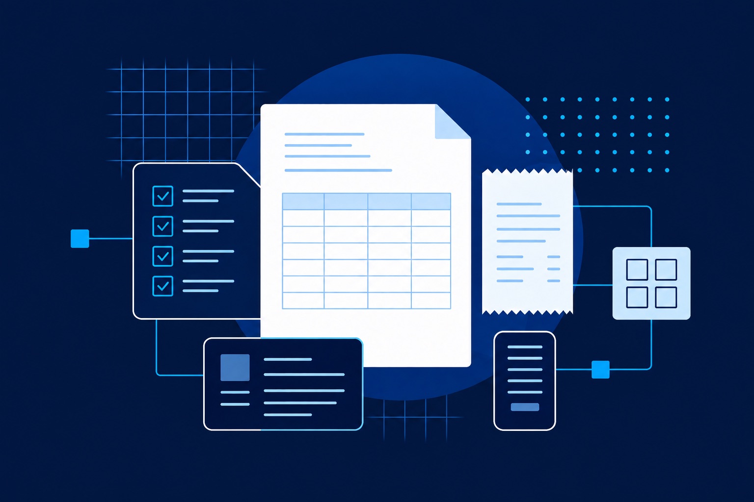 Abstract documents and information panels connected in an organized workflow